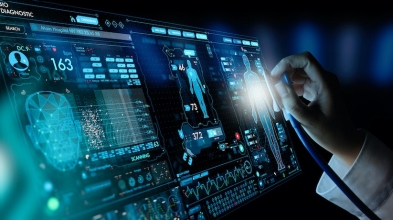 Medicine doctor and stethoscope in hand touching Ui and icon future of medical technology.