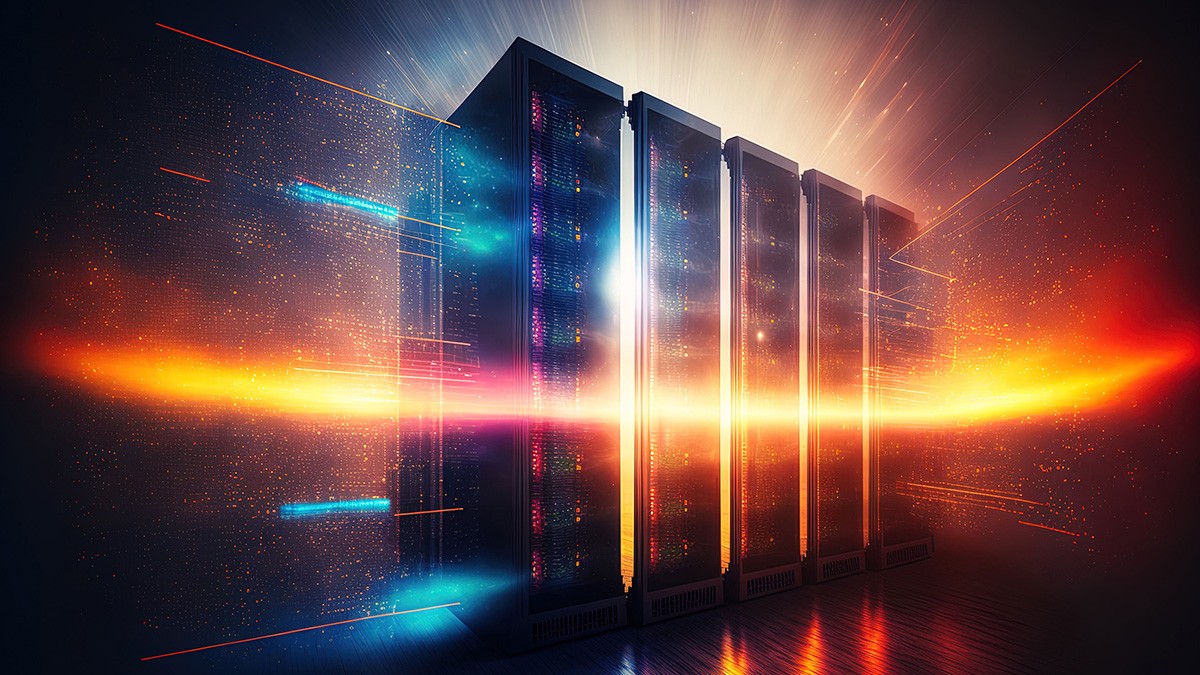 Large data center storage with racks of servers filled to the brim with a bright flare effect. area for cloud servers. Generative AI