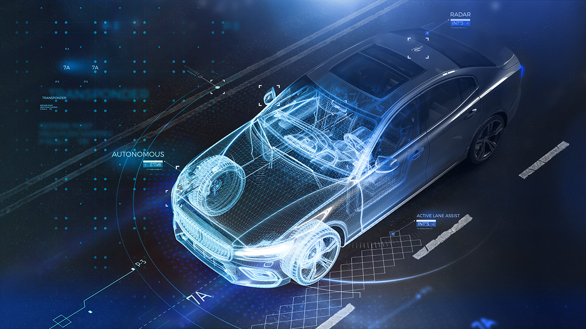 Modern car technology concept with wireframe intersection